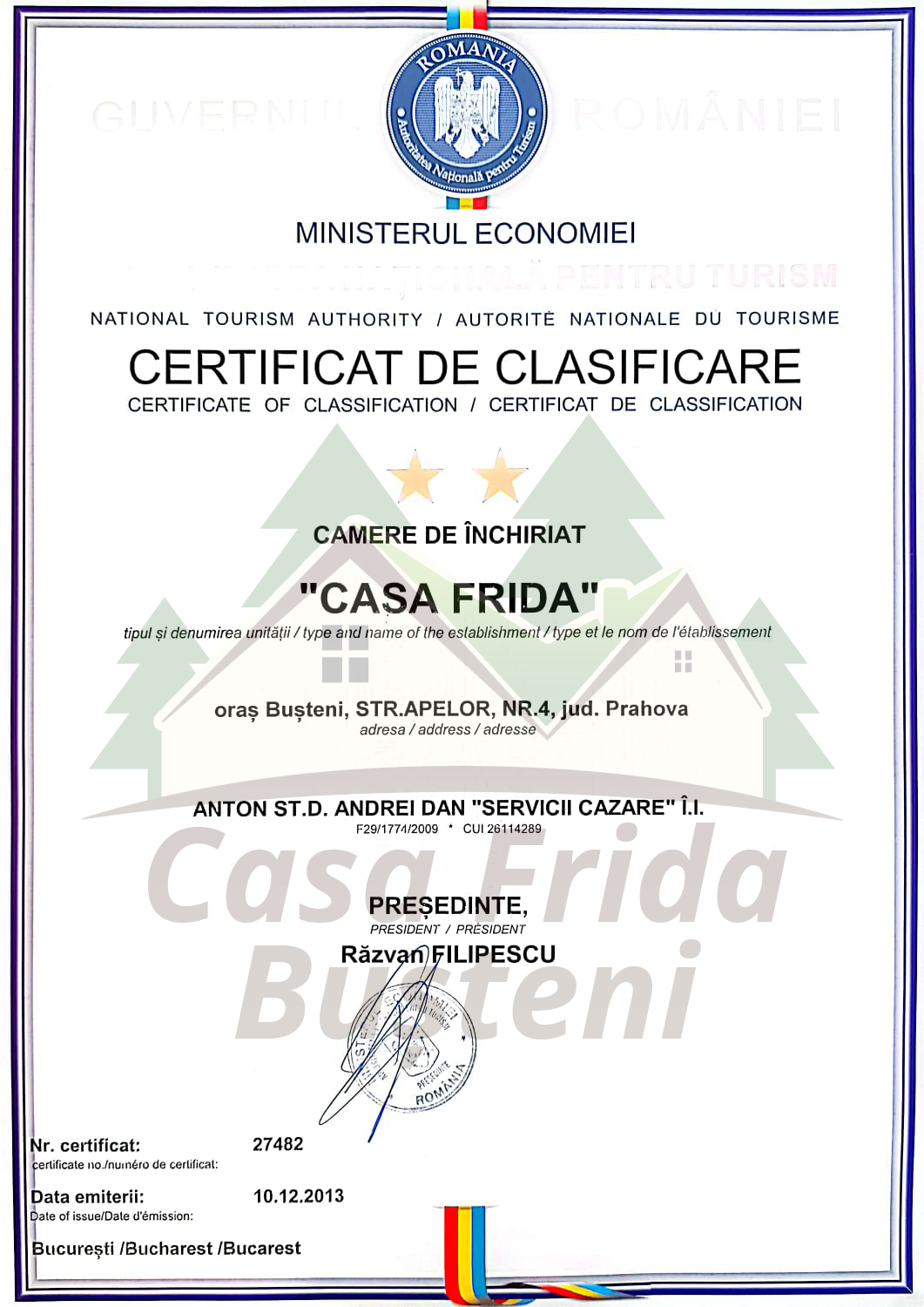 Certificat Clasificare Casa Frida